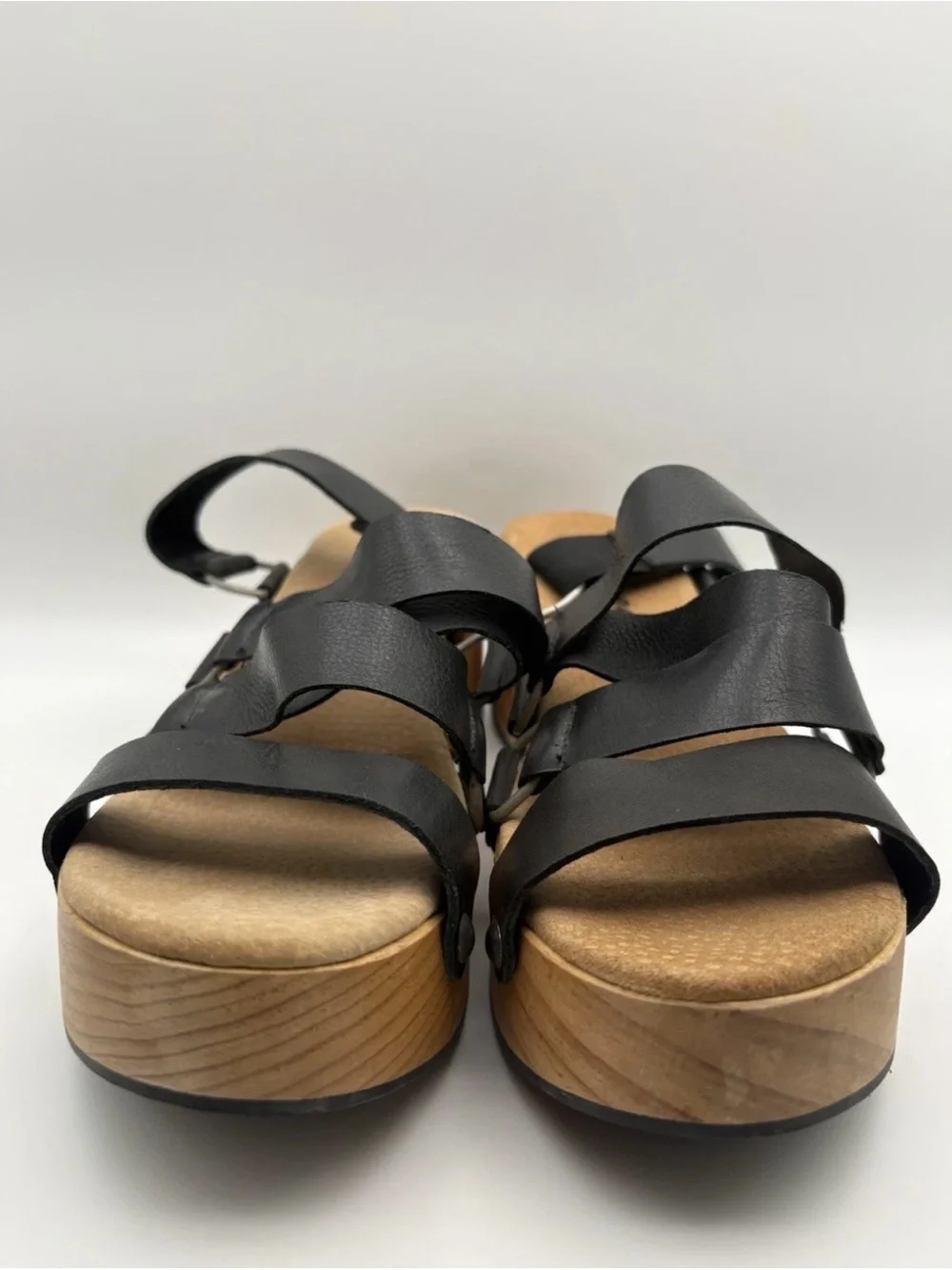 Free People Black Leather Strappy Wood-Effect Platform Sandals